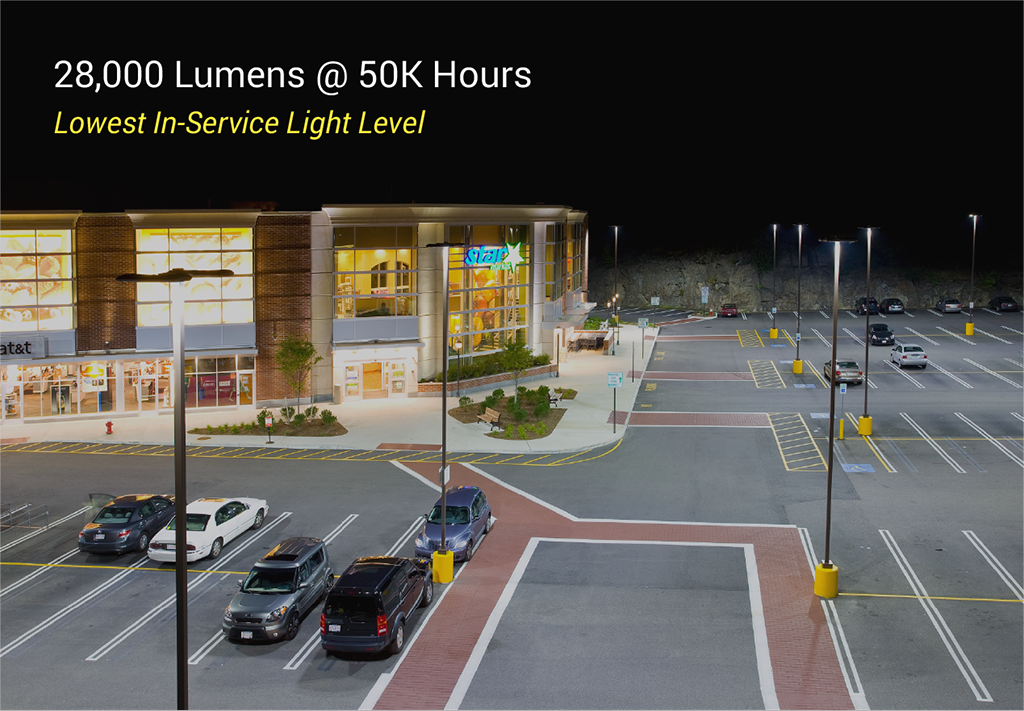 Image above represents the grocery store parking lot after the selected lighting system has run for 50,000 hours. 